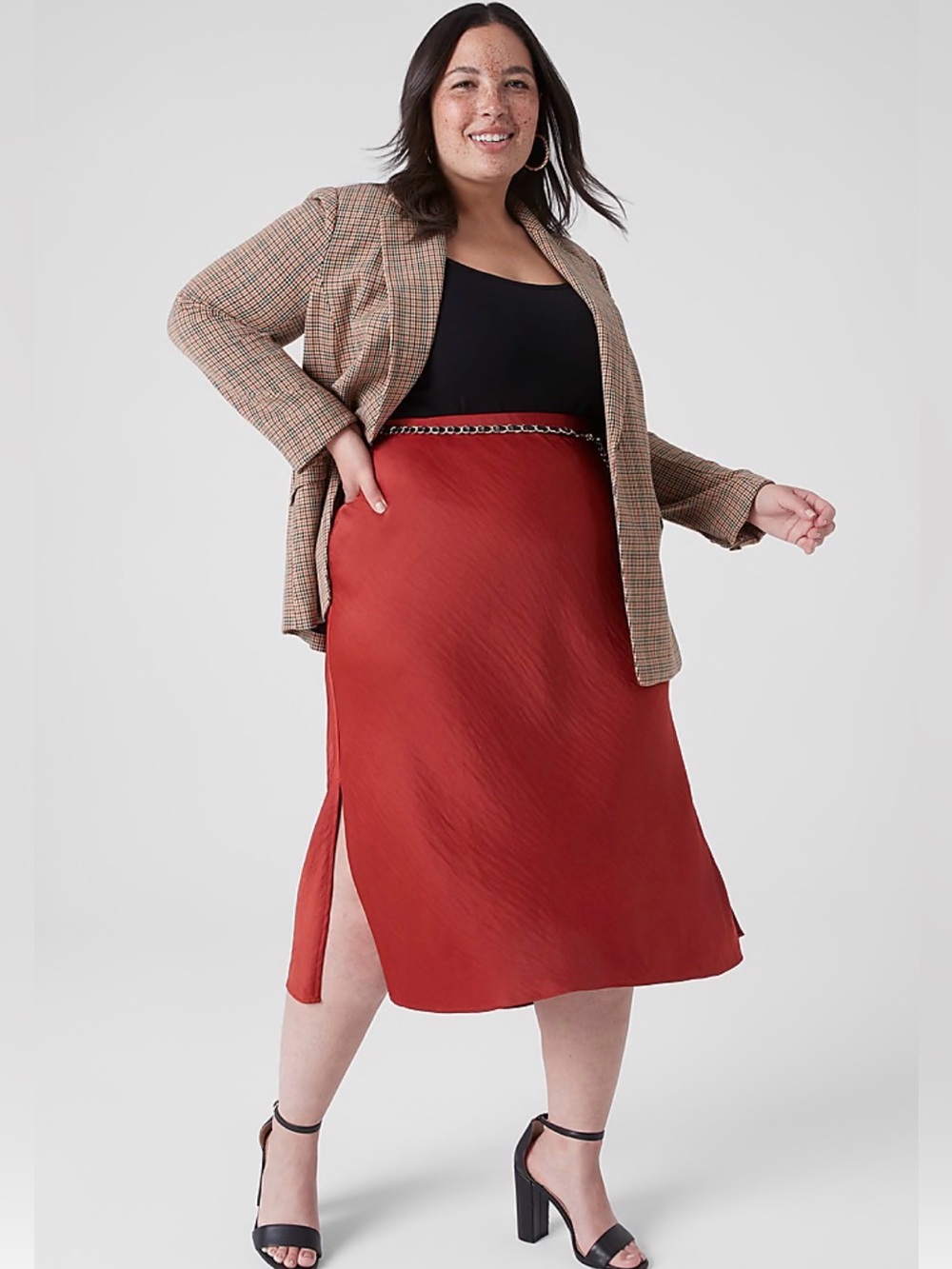 Lane Bryant Rust Red Satin Midi Skirt - Women's